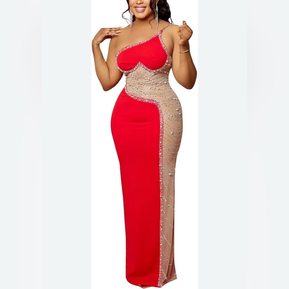 Red • One-Shoulder • Evening Gown with Nude Sheer Embellished Panel